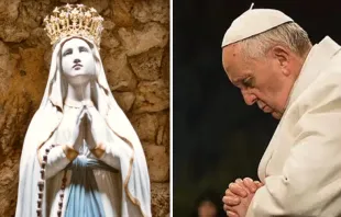 Imagen referencial de la Virgen de Lourdes y el Papa Francisco rezando. Crédito: Pixabay / L'Osservatore Romano. 