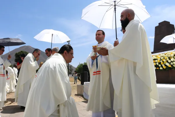 El intenso calor hizo que varios sacerdotes y fieles se protegieran con sombrillas. Crédito: Eduardo Berdejo / EWTN News.