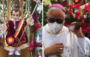 El primer Obispo de Petare, Venezuela, lleva en brazos el anda del Dulce Nombre de Jesús el día de su toma de posesión. Crédito: Twitter de la Arquidiócesis de Caracas. 