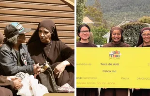 Religiosas del proyecto "Hermanas de la Toca de Asís" con una persona indigente y recibiendo el premio de Waki Maki. Crédito: Cortesía del P. Juan Carlos Vásconez. 