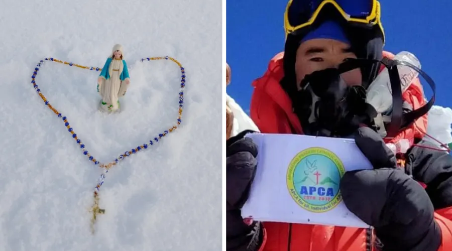 Imagen de la Virgen y el Santo Rosario en la cima del Everest y Abraham Tagit Sorang portando la bandera de la Asociación Católica de Arunachal Pradesh. Crédito: Cortesía de Tagit Sorang Abraham.?w=200&h=150