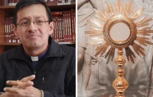 P. Javier Gil y el Santísimo Sacramento. Crédito: Captura de video de El Catolicismo (izq.) y Maria Oswalt / Unsplash (der.). 