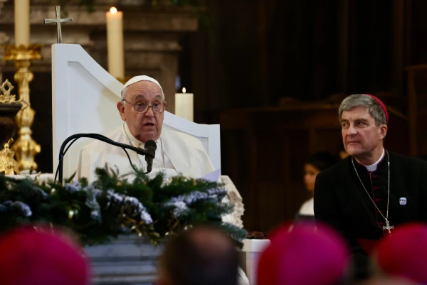 Discurso del Papa Francisco en su encuentro con sacerdotes y religiosos. Crédito: Daniel Ibáñez/ EWTN News