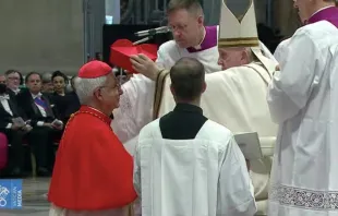 Cardenal Adalberto Martínez de Paraguay recibe el birrete de cardenal. Crédito:Captura Vatican Media 