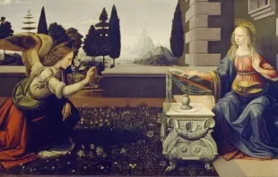 La Anunciación, pintada por Leonardo Da Vinci, en la que se observa al Arcángel Gabriel y a la Virgen María. null