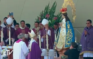 El Papa reza en la Misa ante la Virgen. Foto: Captura Youtube 
