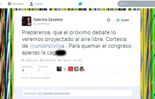 Captura de pantalla de Twitter de Gabriela Zavaleta 