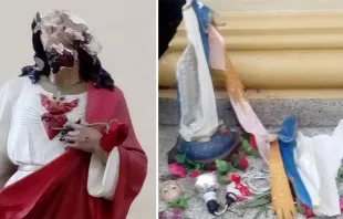 Imágenes destruidas del Sagrado Corazón de Jesús y la Virgen María. Fotos: Catedral de San Pedro Sula 