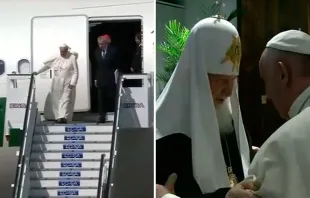 El Papa baja del avión que lo llevó a Cuba / El Papa saluda al Patriarca Kirill. Imágenes capturas Youtube 