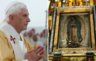 Benedicto XVI. Crédito: Vatican Media / Imagen original de la Virgen de Guadalupe. Crédito: David Ramos / ACI Prensa. 