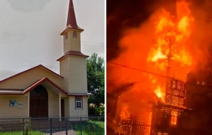 Capilla San Andru00e9s incendiada en el sur de Chile. Cru00e9dito: Diu00f3cesis de Villarrrica.  