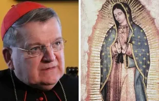 Cardenal Raymond Leo Burke. Crédito: Joaquín Peiro / ACI Prensa / Réplica de imagen de Nuestra Señora de Guadalupe. 