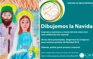 El dibujo ganador del año pasado y el afiche de la convocatoria para el concurso este año de Cáritas Uruguay 