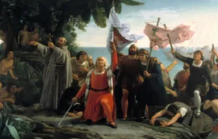 Pintura de Dióscoro Puebla que representa la llegada de Cristóbal Colón a América, el 12 de octubre de 1492. 