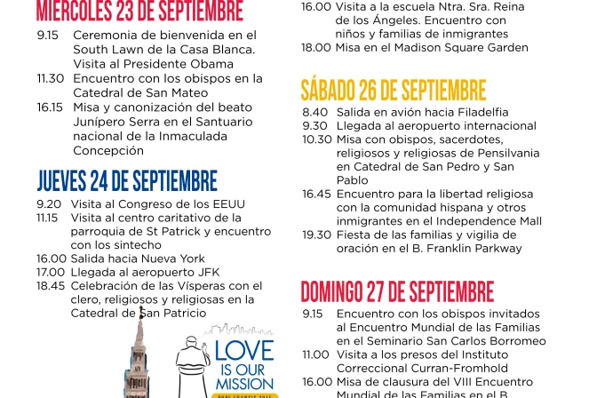 Este es el programa oficial de la visita del Papa Francisco a Estados Unidos