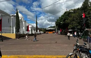Las banderas de la dictadura sandinista frente a la Catedral de Matagalpa. Crédito: Cortesía Martha Patricia Molina 