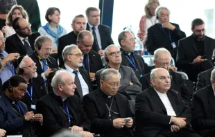 En primera fila en el encuentro, de izquierda a derecha: Cardenales Toppo,  Schonborn, Yeom Soo-Jung, Romeo y Pell. Foto Álvaro de Juana / ACI Prensa 