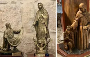 Esculturas de San Juan Diego, la Virgen de Guadalupe y de un franciscano bautizando llevadas de México al Monte Tabor. Crédito: Cortesía P. José de Jesús Aguilar. 
