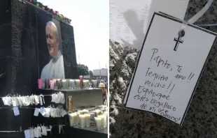 Esquelas y veladoras colocadas al pie del monumento a San Juan Pablo II en Basílica de Guadalupe. Crédito: Cynthia Fabila / Desde la Fe. 