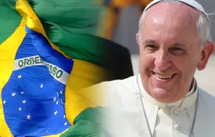 Papa Francisco y bandera de Brasil.  Crédito: ACI Prensa / Wikipedia - Jose Cruz (CC BY 3.0 BR) 