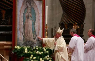 El Papa Francisco ante el cuadro de la Virgen de Guadalupe. Crédito: Daniel Ibáñez/ACI Prensa 