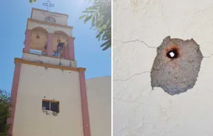 Parroquia San José Obrero, en la diócesis mexicana de Apatzingán, con daños de balas. 