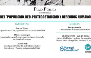 Invitación a evento de periódico Plaza Pública en la Universidad Rafael Landívar, con emblema de Planned Parenthood. 