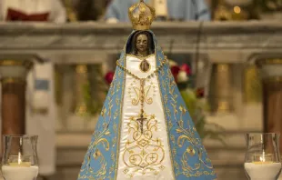 La imagen de la Virgen con su nuevo manto. En la parte inferior, las tres estrellas. Crédito: Santuario de Luján 