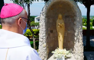Mons. Giovanni Battista Piccioli frente a la imagen de la Virgen María Madre de los Nacidos y No Nacidos. Crédito: Arquidiócesis de Guayaquil 
