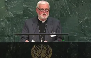 Mons. Gallagher durante su intervención en la ONU. Foto: Holy See UN 