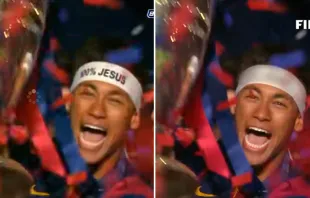 La imagen de Neymar original (izq.) y la censura de la FIFA (der.). Captura Youtube 