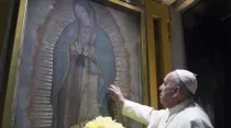 Papa Francisco toca la imagen original de la Virgen de Guadalupe durante su visita a México en 2016. Foto: Vatican Media / ACI Prensa