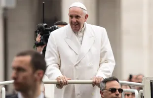 El Papa saluda a los fieles en el papamóvil antes de la Audiencia. Foto: Daniel Ibáñez / ACI Prensa 