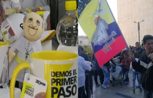 Recuerdos, tazas y una banderola alusivos al viaje del Papa a Colombia. Fotos: Eduardo Berdejo (ACI Prensa) 