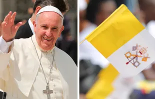 El Papa Francisco y la bandera oficial del Vaticano. Fotos: Daniel Ibáñez / ACI Prensa 
