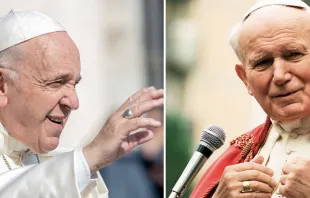 Papa Francisco. Crédito: Daniel Ibáñez / ACI Prensa. San Juan Pablo II. Crédito: Vatican Media 