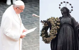 Papa Francisco y estatua de la Inmaculada Concepción. Foto: Daniel Ibáñez / ACI Prensa 
