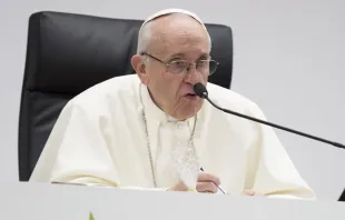 El Papa Francisco en la reunión presinodal en el Vaticano este lunes 19 de marzo. Crédito: Daniel Ibáñez / EWTN News