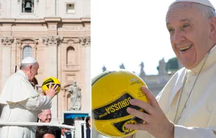 El Papa Francisco sostiene un balón de fútbol en la Plaza de San Pedro durante la audiencia general del 26 de agosto de 2015 | Crédito: Vatican News 