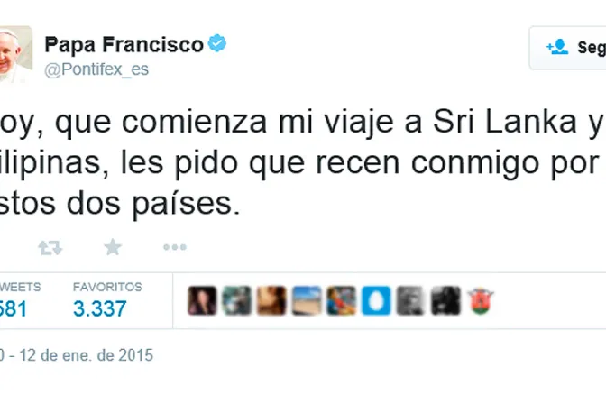 Papa Francisco pide en Twitter rezar por su viaje a Sri Lanka y Filipinas