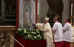 El Papa Francisco a los pies de la Virgen de Guadalupe en la Basílica de San Pedro en el Vaticano. Foto Daniel Ibáñez / ACI Prensa 