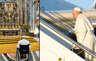 Papa Francisco en la Basílica de Santa María la Mayor y subiendo a un avión. Crédito: Vatican Media 