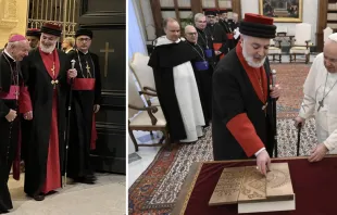Patriarca Mar Awa III en la oración por la paz. Crédito: Mercedes De La Torre. / Papa Francisco con el Patriarca. Crédito: Vatican Media 