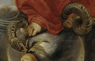 Detalle de los pies de la Virgen María pisando a la serpiente en pintura de Peter Paul Rubens. 