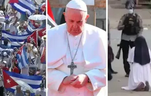 Protestas en Cuba 2021, el Papa Francisco en Irak y Ann Rose Nu Tawng. Crédito: Vatican Media y Medios locales de Myanmar / EWTN. 