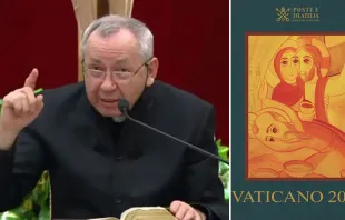 P. Marko Rupnik. Crédito: Captura video Vatican News / Portada del libro "Volumen Filatélico Vaticano 2022" 