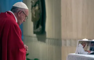 El Papa en la Misa con la foto del P. Jacques en el altar. Crédito: L'Osservatore Romano 