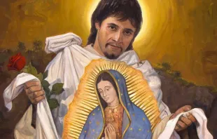San Juan Diego sostiene en sus manos la imagen de la Virgen de Guadalupe, en pintura de Raúl Berzosa. 