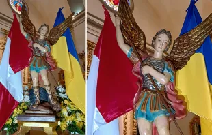 Imagen de San Miguel junto a las banderas de Perú y Ucrania | Crédito: Arquidiócesis de San Miguel de Piura  