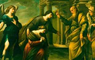 Arcángel San Rafael acompaña a los esposos Tobías y Sara mientras reciben la bendición del padre de ella. 